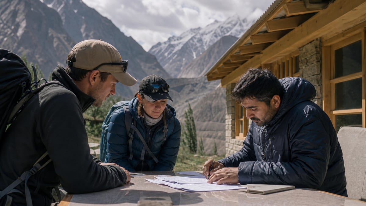 Illustrative travel guide scene representing Applying for trekking and mountaineering permits in Gilgit-Baltistan