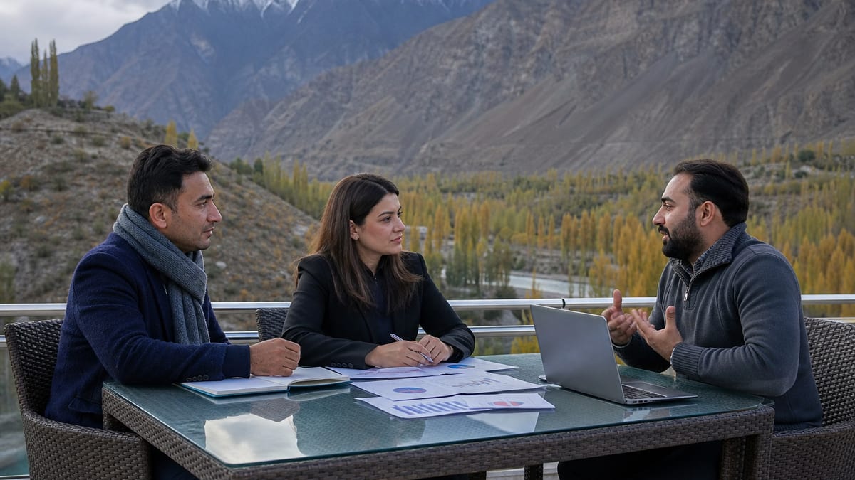 Illustrative travel guide scene representing Contacting PPP Authority for investment in Gilgit-Baltistan