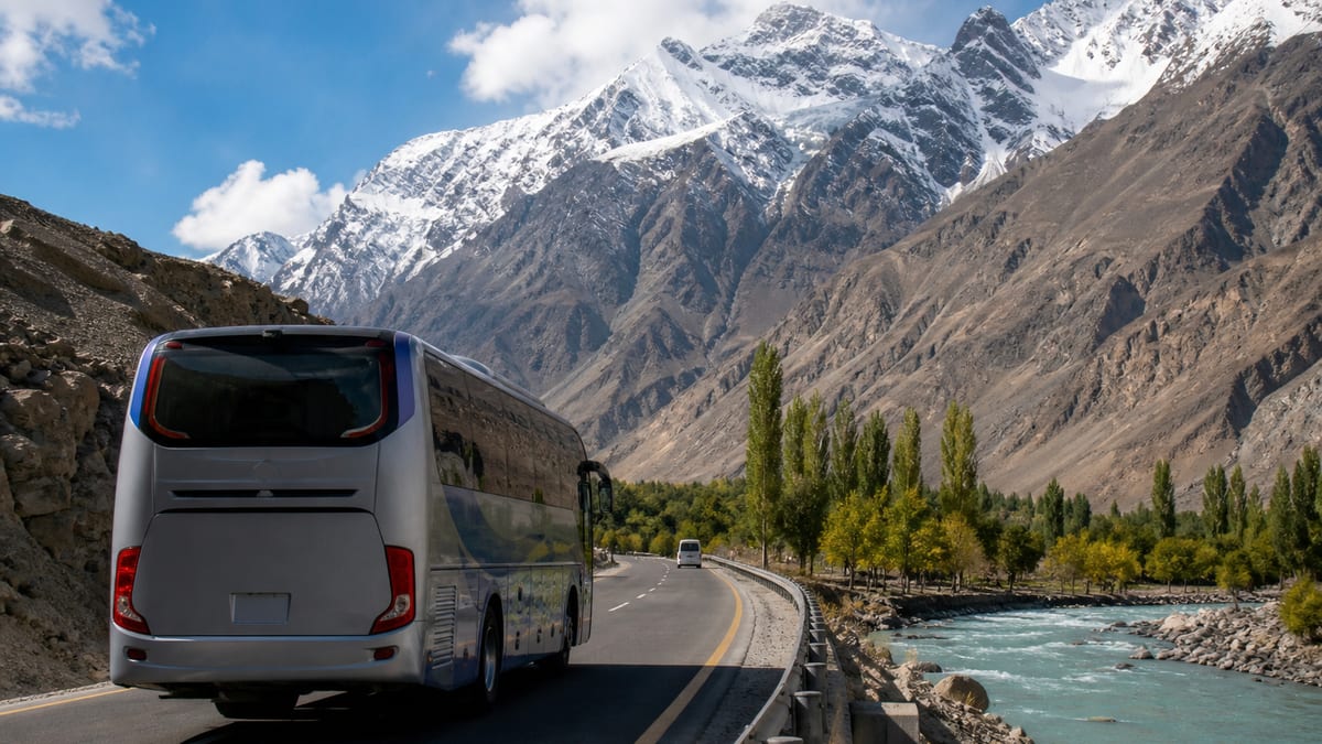 Illustrative editorial tourism scene representing NATCO and private bus access in Gilgit-Baltistan